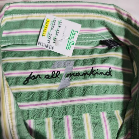 New 7 For All Mankind Pink Green Striped Crinkle Cotton Button Down Preppy XL - Picture 12 of 14